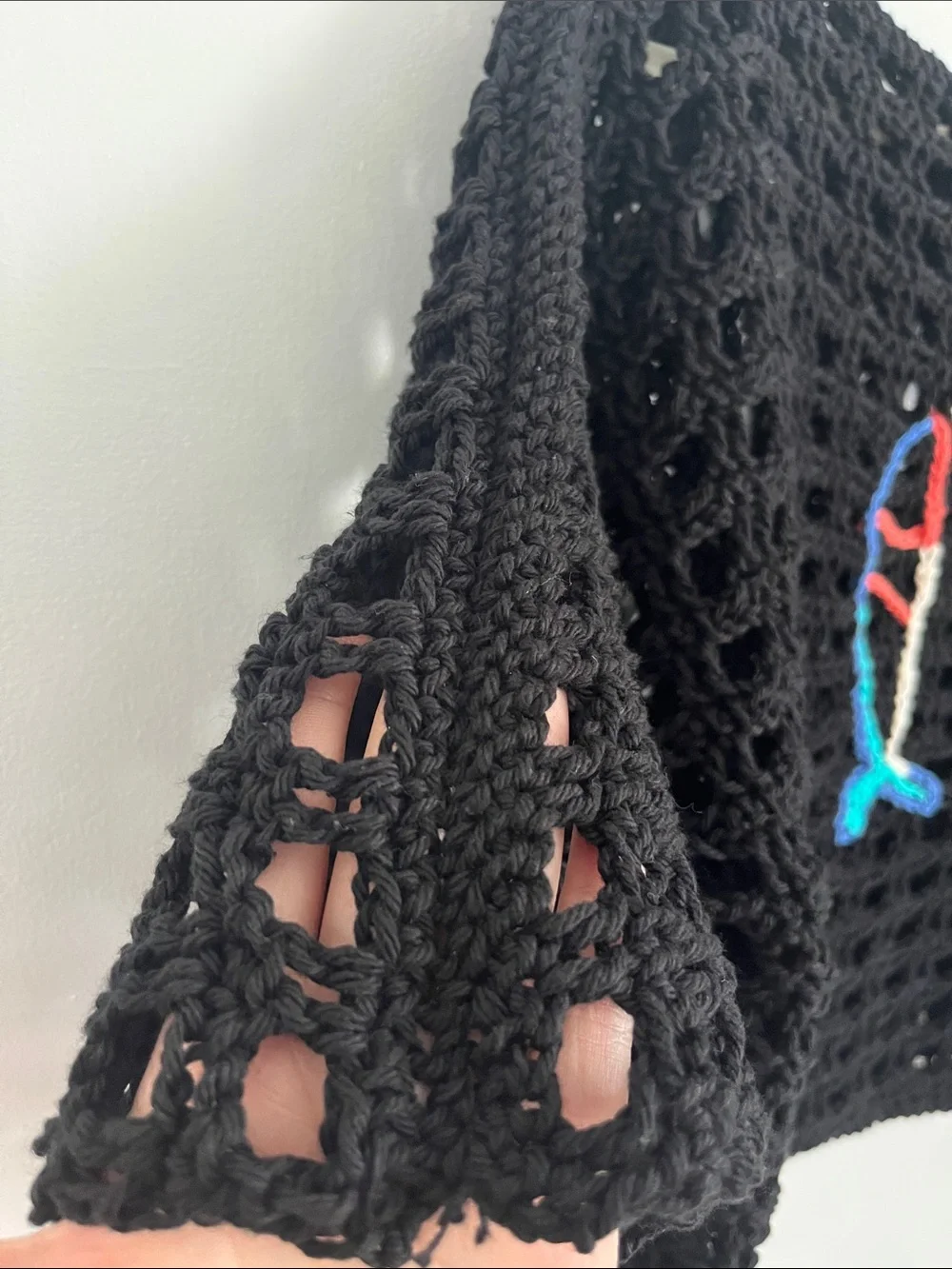 Handmade Black Crochet boxy tee with Colorful Fish Embroidery
